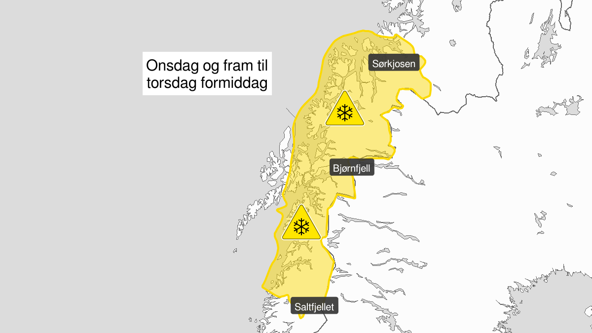 Kraftig snøfokk, gult nivå, Saltfjellet, Salten, Ofoten og Troms, 04 March 14:00 UTC til 05 March 09:00 UTC.