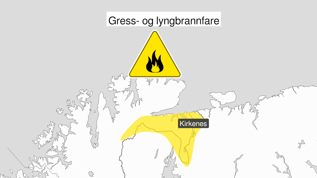 Kart over Skogbrannfare, gult nivå, Deler av Øst-Finnmark, 2024-05-23T11:01:00+00:00, 2024-06-03T08:00:00+00:00