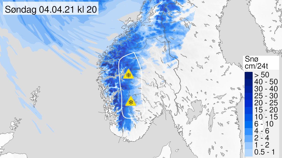 Kart over kraftig snøfokk, gult nivå, Jotunheimen og Langfjella, 04 April 09:00 UTC til 05 April 09:00 UTC.