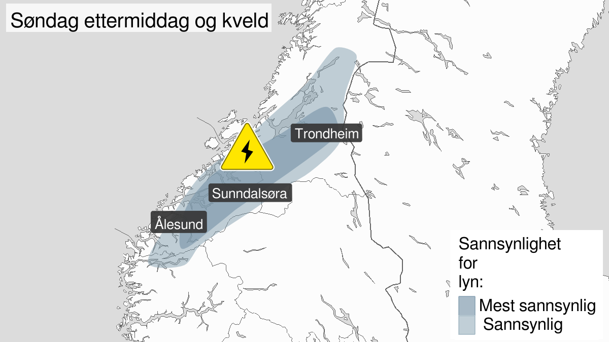 Kart over Mye lyn, gult nivå, Deler av Møre og Romsdal, Trøndelag og Nordfjord, 2023-07-30T11:00:00+00:00, 2023-07-30T20:00:00+00:00
