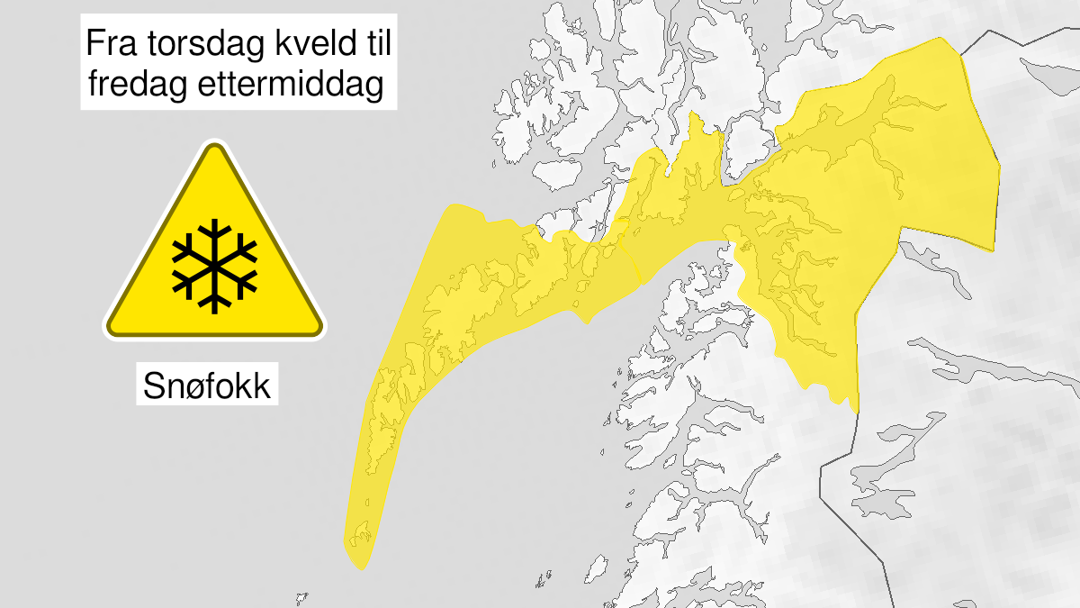Kart over kraftig snøfokk, gult nivå, Ofoten og Lofoten, 11 February 18:00 UTC til 12 February 12:00 UTC.