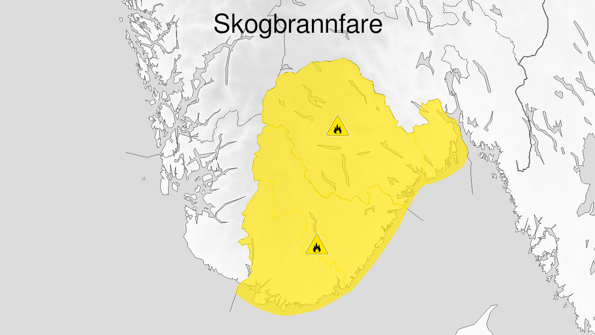 Map of forest fire danger expected, yellow level, Agder, Telemark and Vestfold, 13 September 10:00 UTC to 15 September 22:00 UTC.