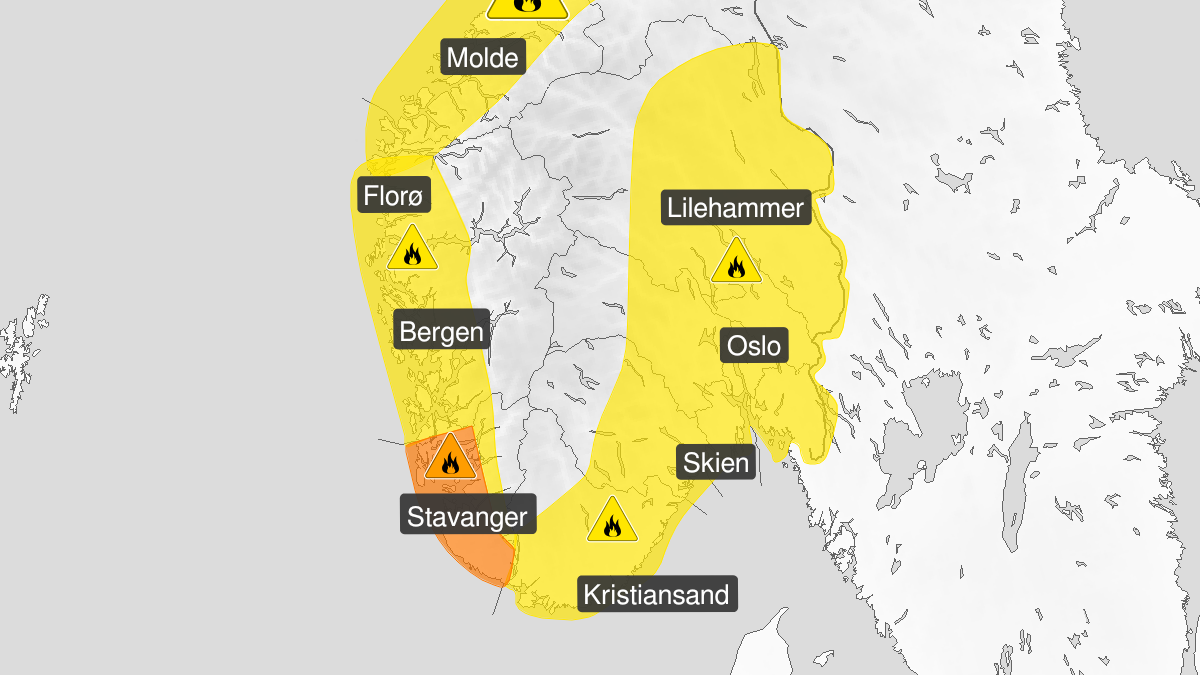 Kart over Skogbrannfare, gult nivå, Store deler av Østlandet og Sørlandet, 2024-05-16T07:00:00+00:00, 2024-05-23T22:00:00+00:00