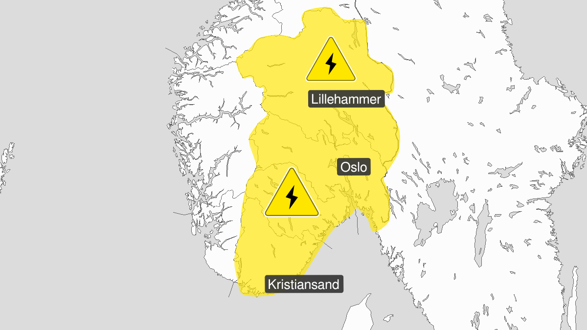 Kart over Mye lyn pågår, gult nivå, Østlandet og Sørlandet, 2022-08-16T04:47:00+00:00, 2022-08-16T20:00:00+00:00