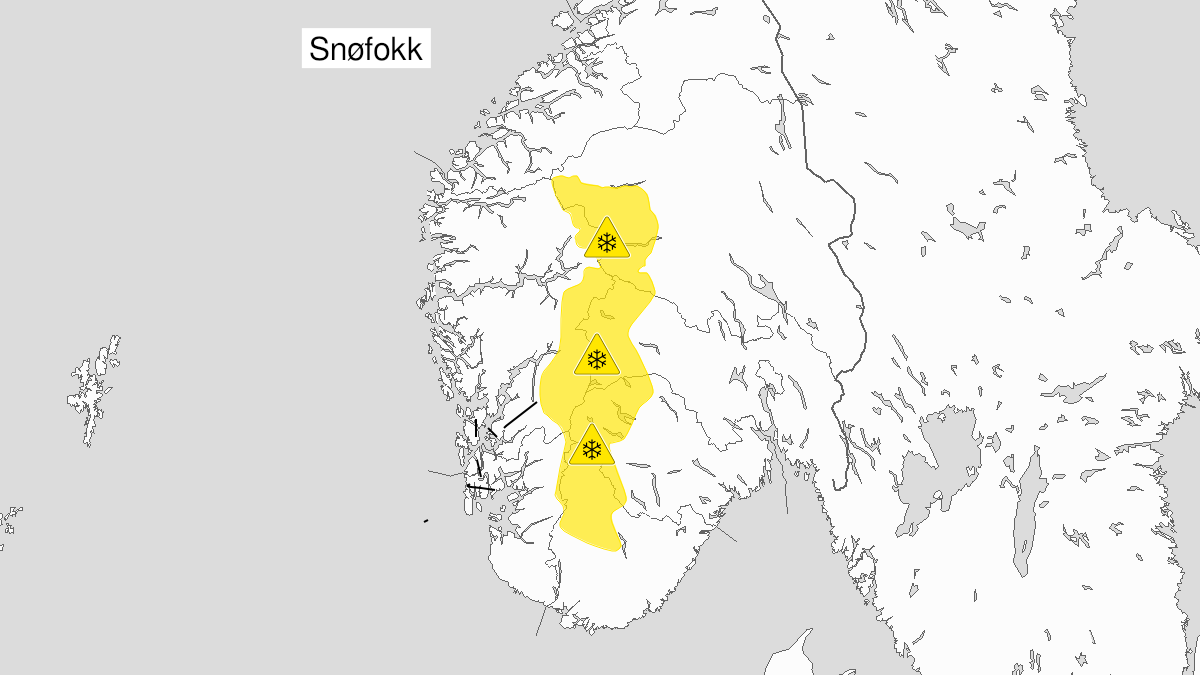Kart over kraftig snøfokk, gult nivå, Jotunheimen og Langfjella, 11 February 17:00 UTC til 12 February 07:00 UTC.