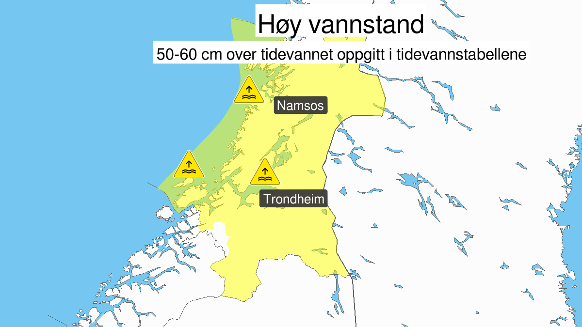 Høy vannstand, gult nivå, Trøndelag, 15 January 12:00 UTC til 15 January 16:00 UTC.