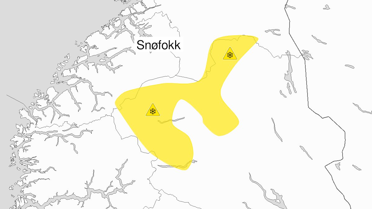 Kart over Kraftig snøfokk, gult nivå, Deler av fjellet i Sør-Norge, 2023-12-18T23:00:00+00:00, 2023-12-19T12:00:00+00:00