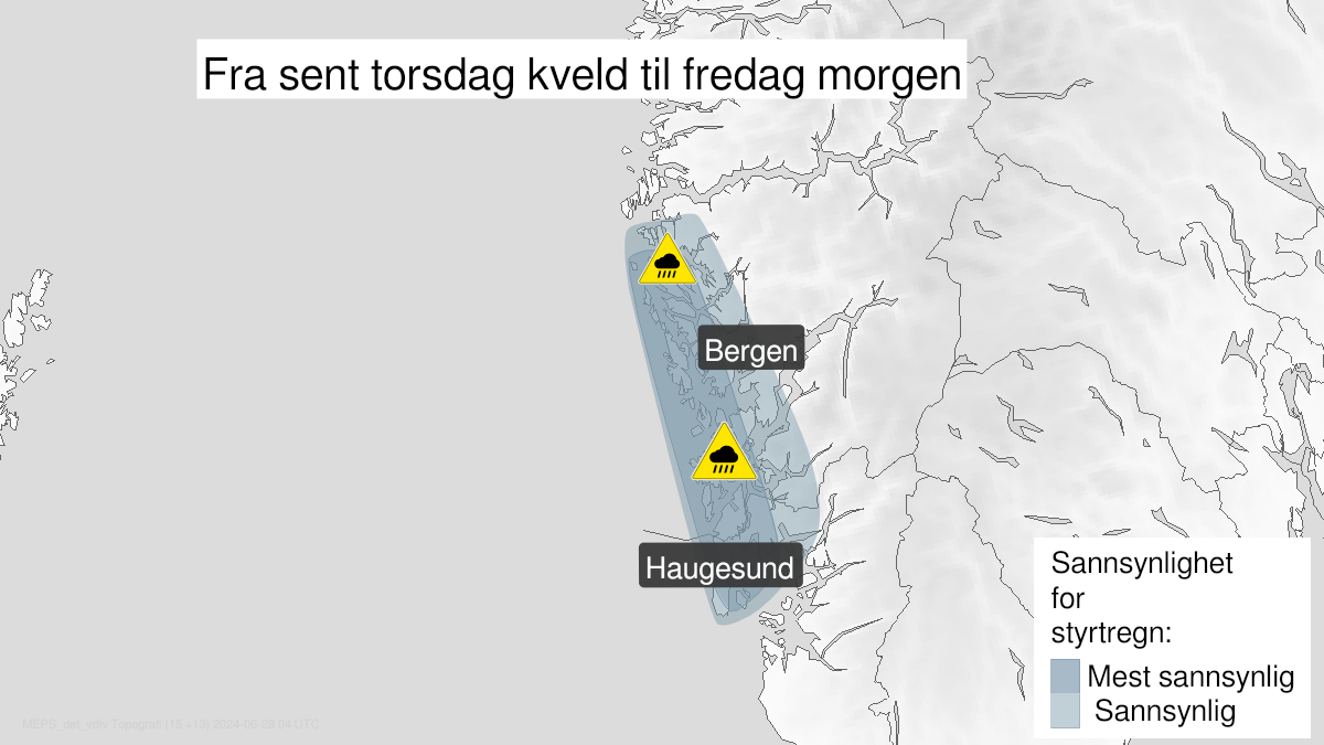 Kart over Nedgradert varsel for styrtregn, Deler av Vestlandet Sør for Stad