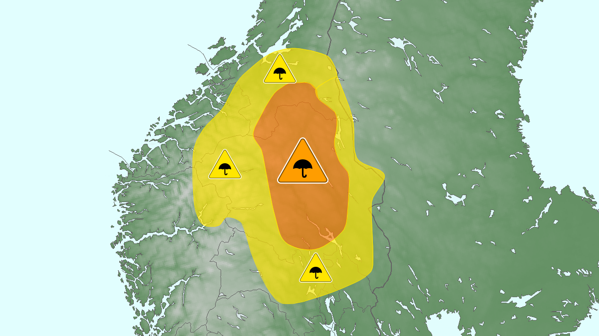 Kart over Mye regn, gult nivå, Deler av Sør-Norge, 2024-09-09T06:00:00+00:00, 2024-09-10T09:00:00+00:00