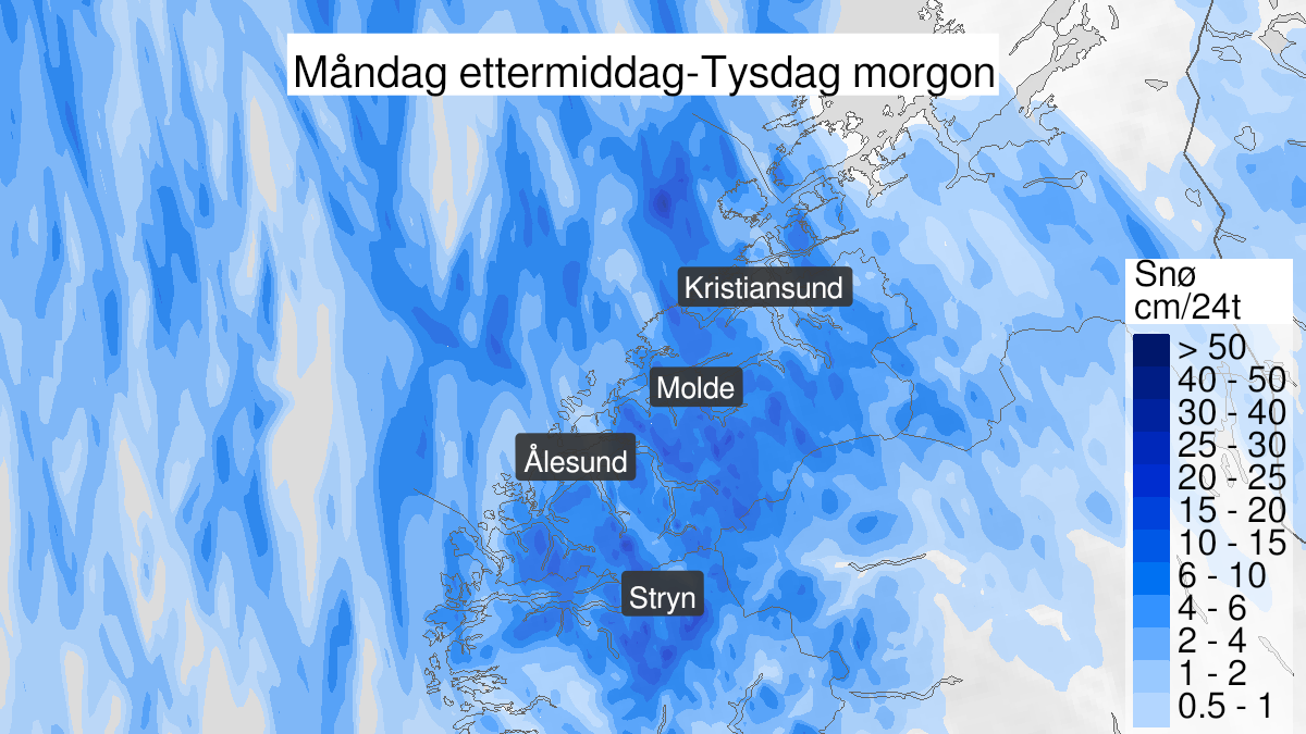 Kart over snø, gult nivå, Nordfjord og Møre og Romsdal, 28 March 12:00 UTC til 29 March 07:00 UTC.
