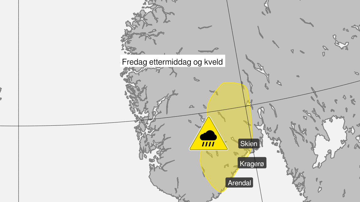 Kart over Styrtregn pågår, gult nivå, Deler av Agder, Telemark og Viken, 2022-08-26T16:03:00+00:00, 2022-08-26T20:00:00+00:00