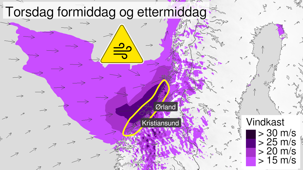 Kart over Kraftige vindkast, gult nivå, Deler av kysten og ytre strøk av Møre og Romsdal og Trøndelag, 2024-06-20T09:00:00+00:00, 2024-06-20T16:00:00+00:00