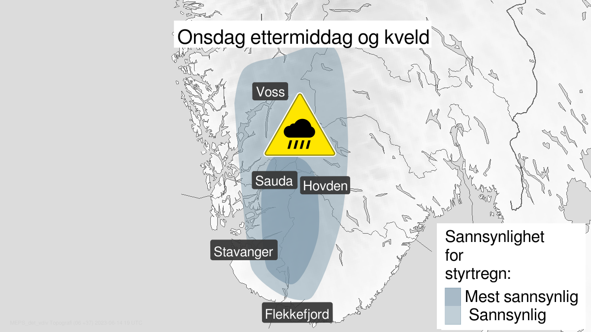 Kart over Styrtregn, gult nivå, Deler av Agder, Rogaland, Hordaland og Langfjella, 2023-06-14T13:00:00+00:00, 2023-06-14T21:00:00+00:00