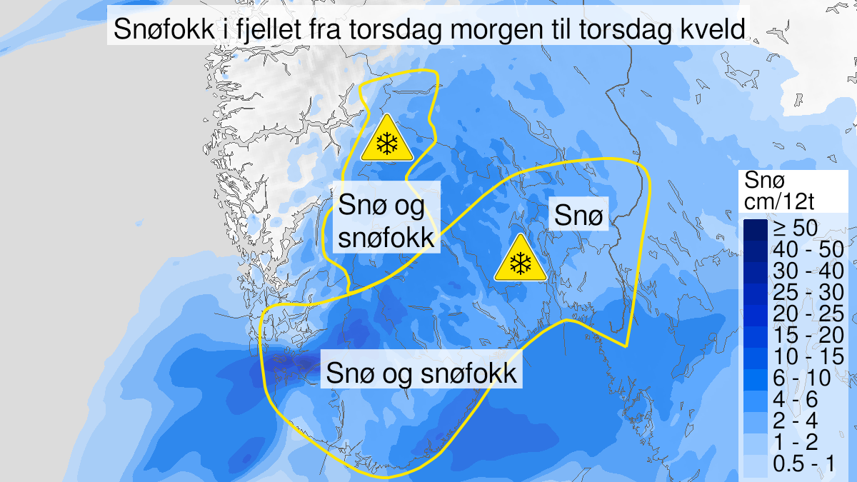 Kart over Kraftig snøfokk, gult nivå, Deler av fjellet i Sør-Norge, 2024-04-04T06:00:00+00:00, 2024-04-04T19:00:00+00:00