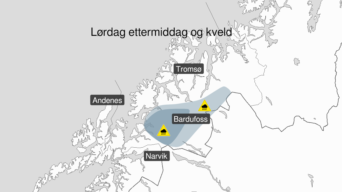 Kart over Styrtregn, gult nivå, Indre Troms, 2024-06-15T15:00:00+00:00, 2024-06-15T21:00:00+00:00