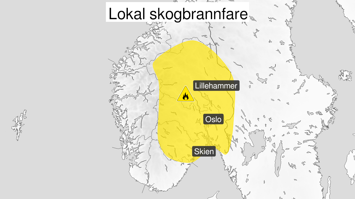 Map of forest fire danger, yellow level, Oestlandet, 30 June 06:00 UTC to 04 July 18:00 UTC.