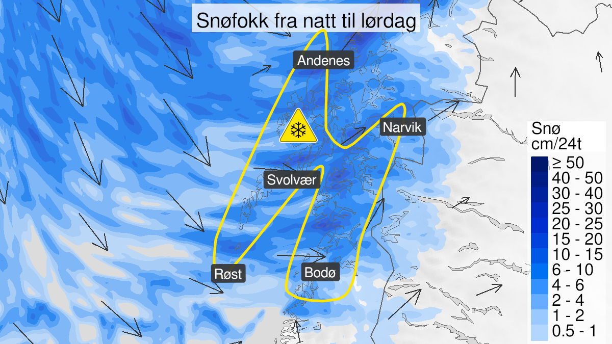 Map over Blowing snow, yellow level, Northern parts of Nordland, 2023-03-11T00:00:00+00:00, 2023-03-11T18:00:00+00:00