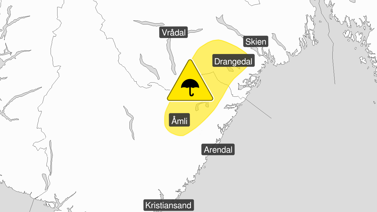 Kart over Mye regn, gult nivå, Deler av Telemark og Agder, 2022-11-23T18:00:00+00:00, 2022-11-24T18:00:00+00:00