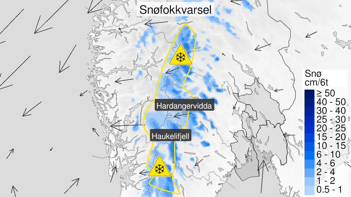 Map over Blowing snow, yellow level, Mountainous areas in South Norway, 2024-03-28T16:00:00+00:00, 2024-03-29T01:00:00+00:00