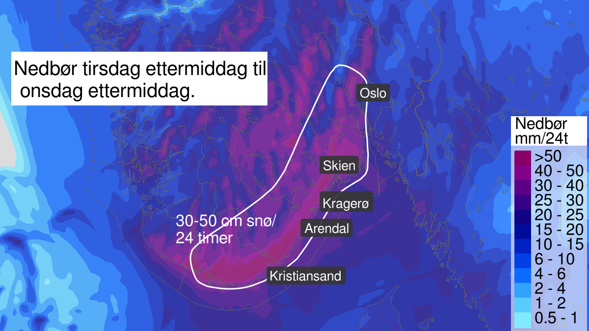 Heavy snow, yellow level, Agder and Telemark, Vestfold and Oestfold and Buskerud, 12 March 12:00 UTC to 13 March 10:00 UTC.
