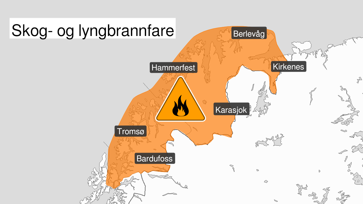 Kart over Stor skogbrannfare, oransje nivå, Troms og Finnmark, 2024-08-06T22:00:00+00:00, 2024-08-10T22:00:00+00:00