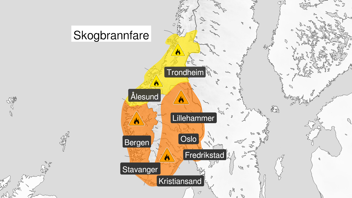 Kart over Skogbrannfare, gult nivå, Møre og Romsdal og Trøndelag, 2023-06-18T09:00:00+00:00, 2023-06-22T04:00:00+00:00