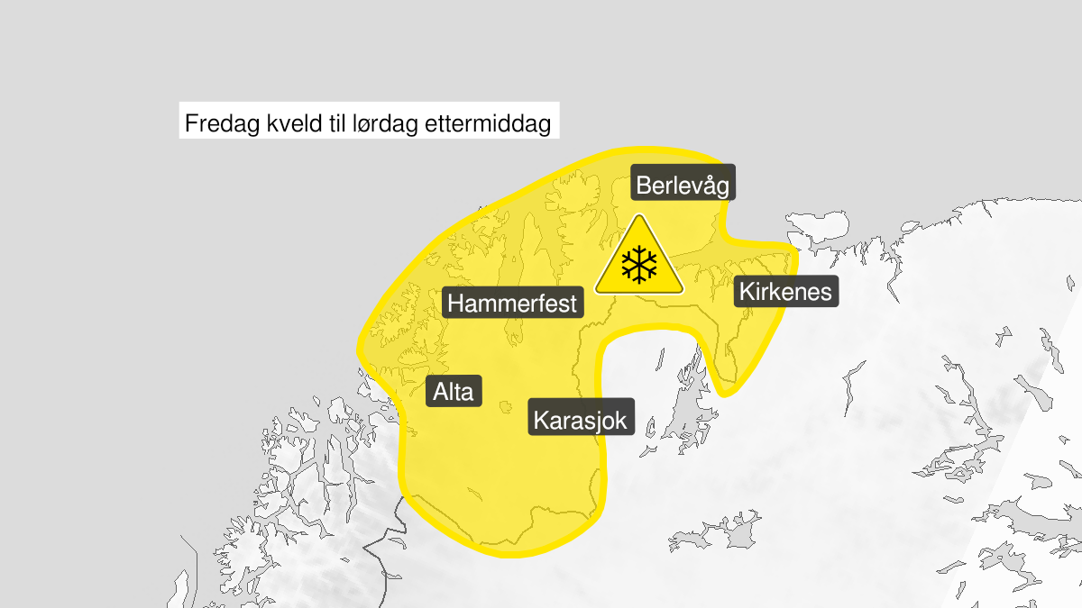 Map of blowing snow, yellow level, Finnmark, 08 April 19:00 UTC to 09 April 12:00 UTC.