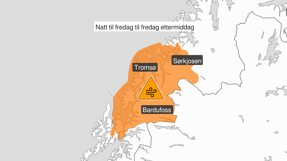 Kart over svært kraftige vindkast, oransje nivå, Troms, 04 February 00:00 UTC til 04 February 15:00 UTC.