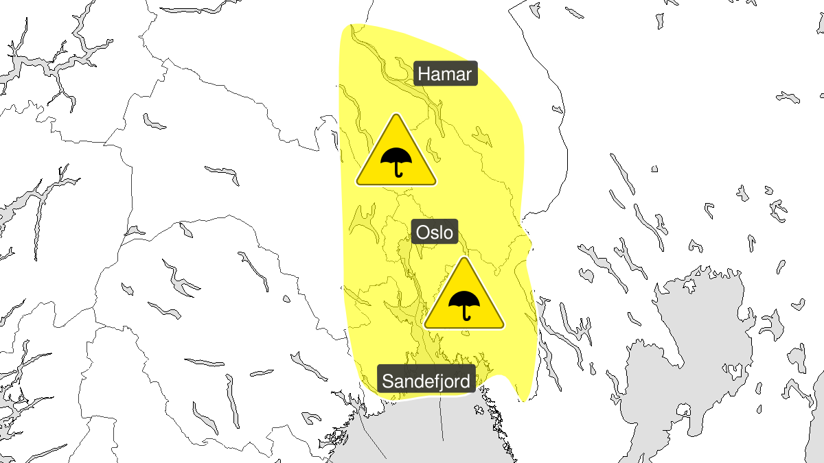 Kraftige regnbyger, gult nivå, Østlandet, 10 September 04:00 UTC til 10 September 11:00 UTC.
