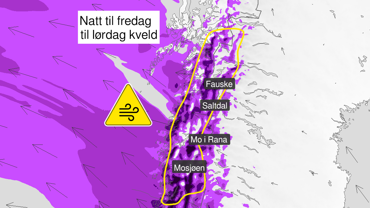 Map over Strong wind gusts, yellow level, Parts of Nordland, 2023-01-06T00:00:00+00:00, 2023-01-07T18:00:00+00:00