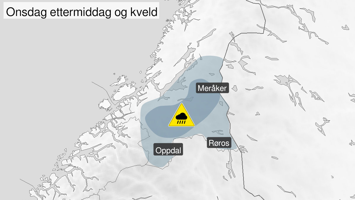Map over Possibility of very heavy rainshowers, yellow level, Southern part of Trøndelag, 2023-08-23T13:00:00+00:00, 2023-08-23T22:00:00+00:00
