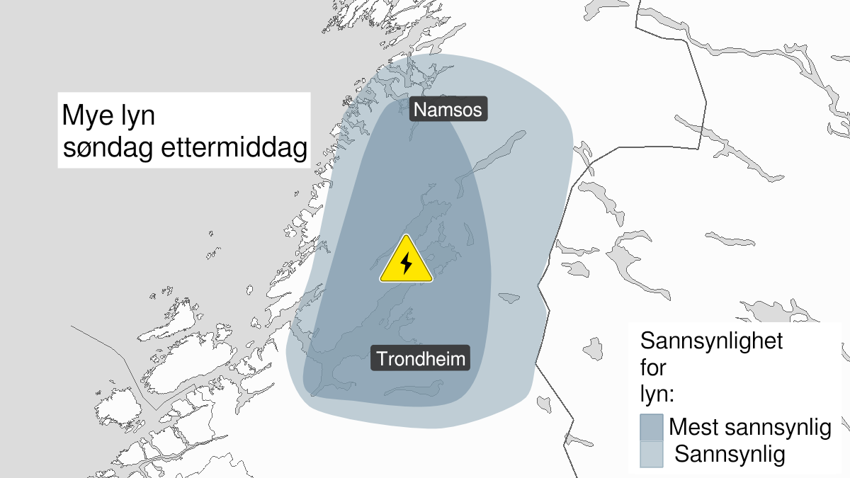 Map over Frequent lightning ongoing, yellow level, Parts of Trøndelag, 2024-08-25T12:00:00+00:00, 2024-08-25T15:00:00+00:00