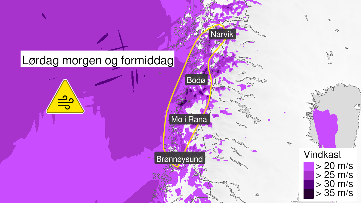 Kart over Kraftige vindkast, gult nivå, Deler av Nordland, 2023-12-16T06:00:00+00:00, 2023-12-16T11:00:00+00:00