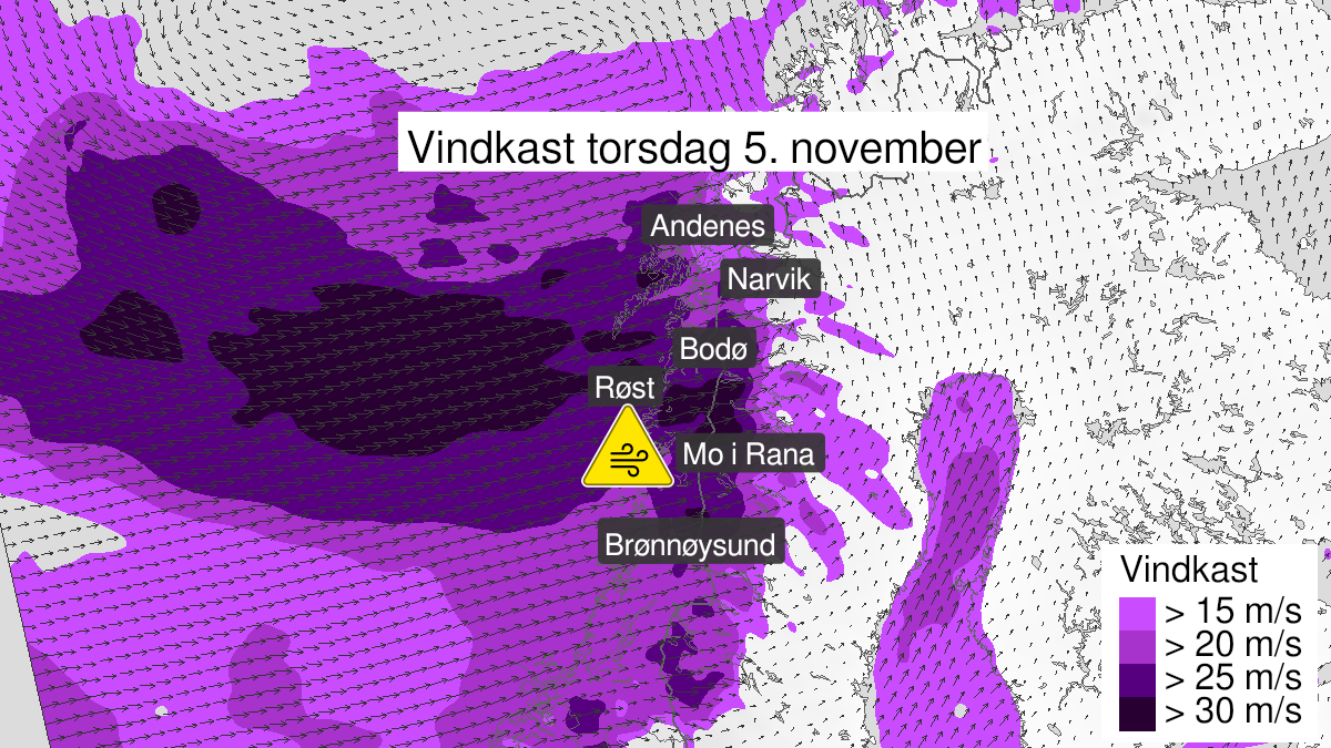 Map of strong wind gusts, yellow level, Nordland, 05 November 00:00 UTC to 05 November 20:00 UTC.
