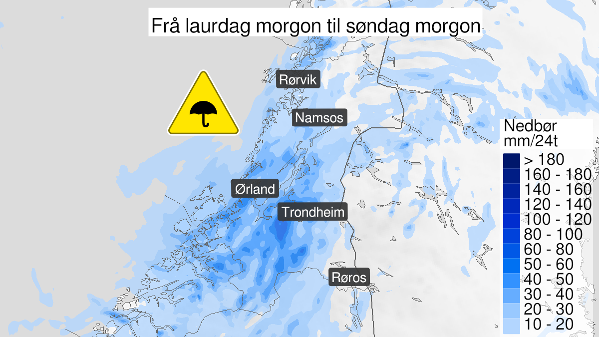 Kart over mye regn, gult nivå, Nordmøre og Trøndelag, 14 August 06:00 UTC til 15 August 06:00 UTC.