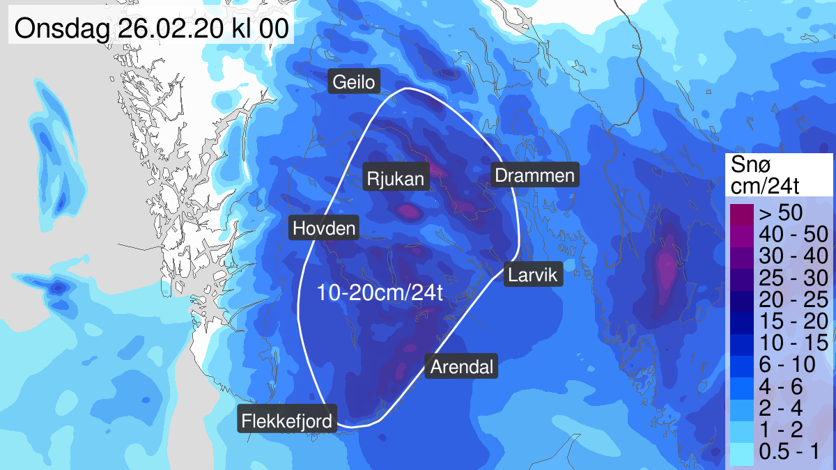 Heavy snow, yellow level, Buskerud, Vestfold, Telemark and Agder, 25 February 00:00 UTC to 26 February 03:00 UTC.