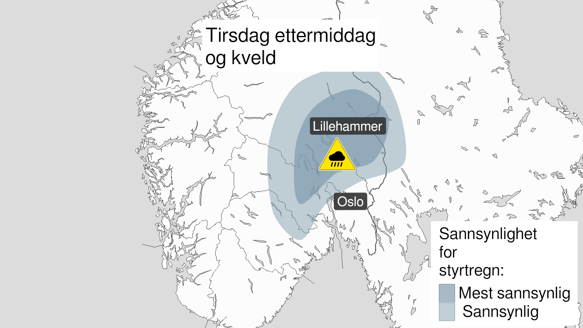 Map of heavy rainshowers, yellow level, Buskerud, Oslo, Akershus, Oppland and Hedmark, 29 June 15:00 UTC to 29 June 22:00 UTC.