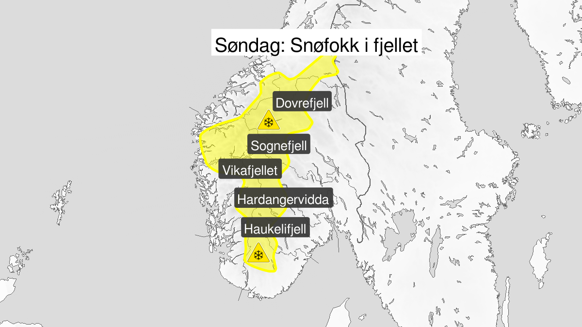Kraftig snøfokk, gult nivå, Fjellet i Sør-Norge, 08 March 00:00 UTC til 08 March 21:00 UTC.