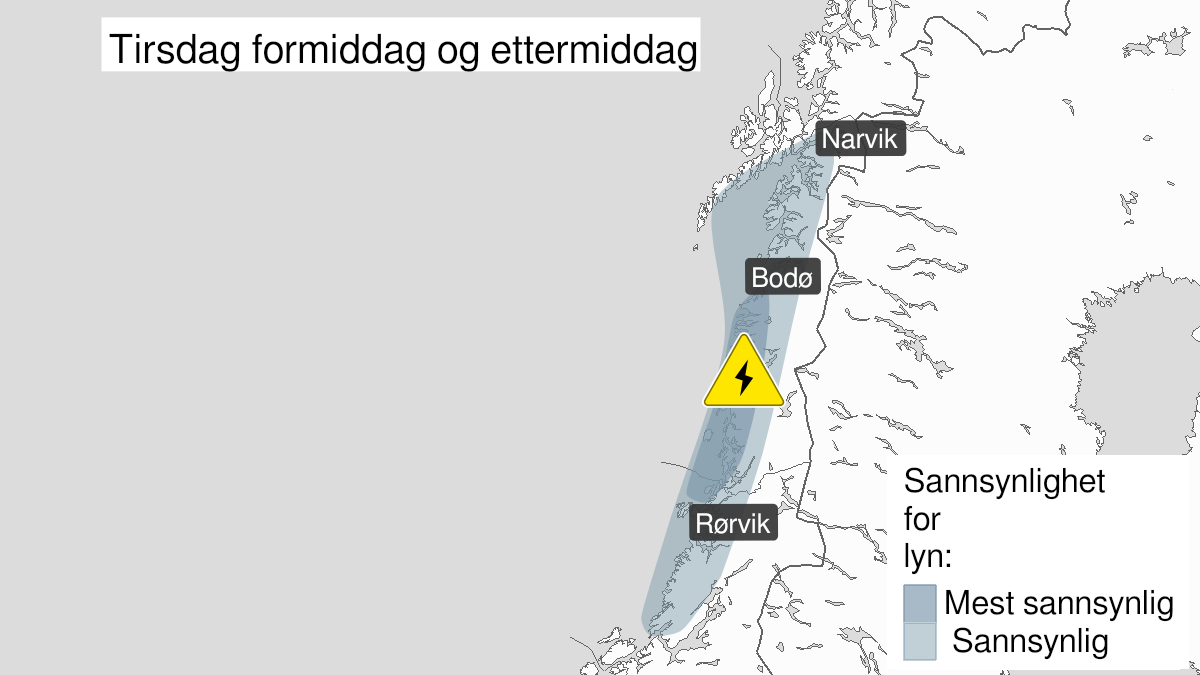 Kart over mye lyn, gult nivå, Helgeland, Ofoten, Lofoten, Salten og Nord-Trøndelag, 01 March 10:00 UTC til 01 March 19:00 UTC.