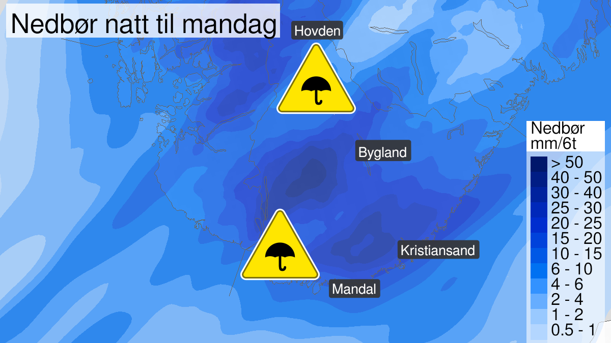 Map of heavy rain, yellow level, Agder, 02 November 00:00 UTC to 02 November 06:00 UTC.