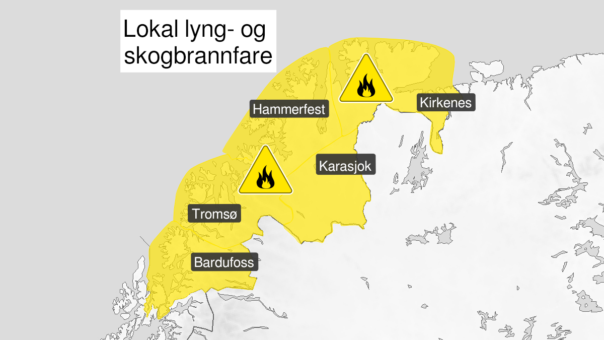 Kart over skogbrannfare, gult nivå, Troms og Finnmark, 05 July 10:00 UTC til 08 July 06:00 UTC.