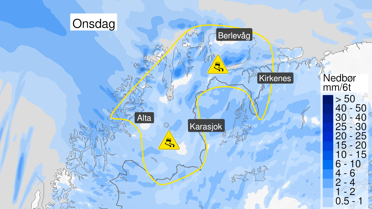 Map of ice, yellow level, Finnmark, 17 November 10:00 UTC to 17 November 21:00 UTC.