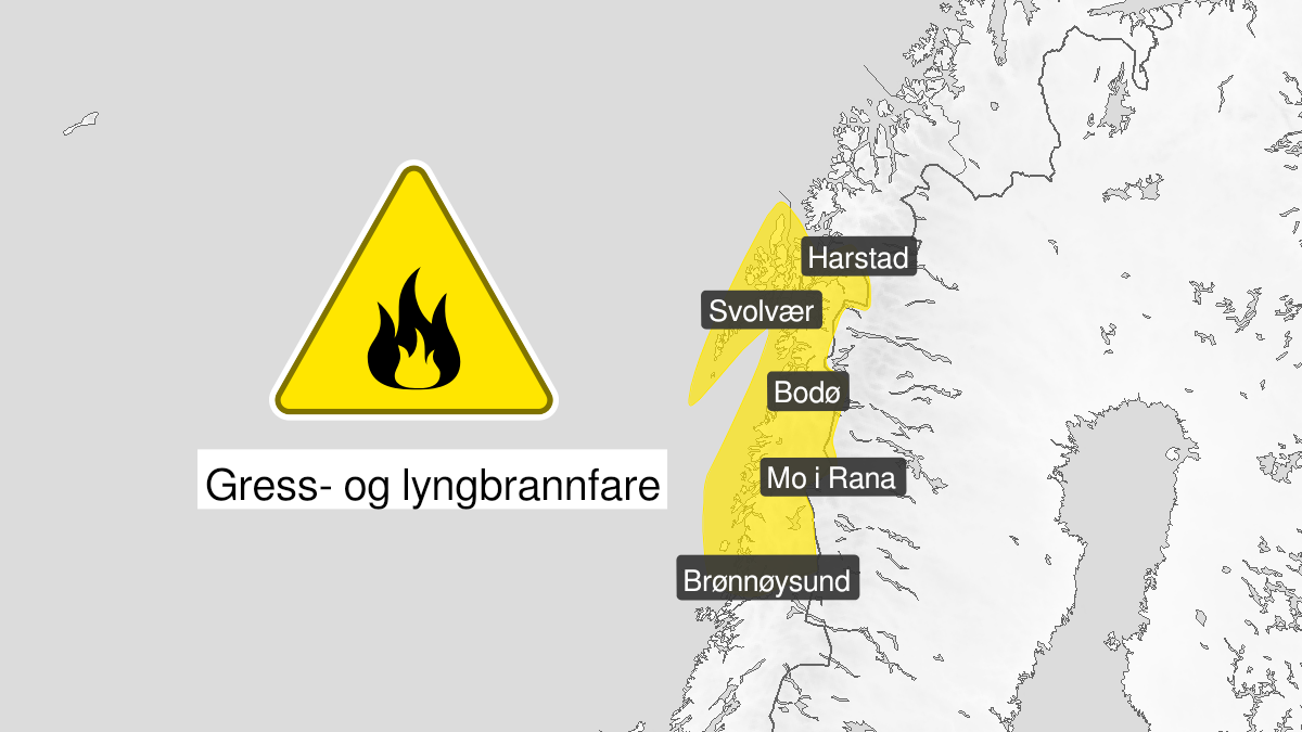 Map over Forest fire danger, yellow level, areas without snow in Nordland and parts of Southern Troms, 2024-04-22T22:00:00+00:00, 2024-05-08T17:00:00+00:00