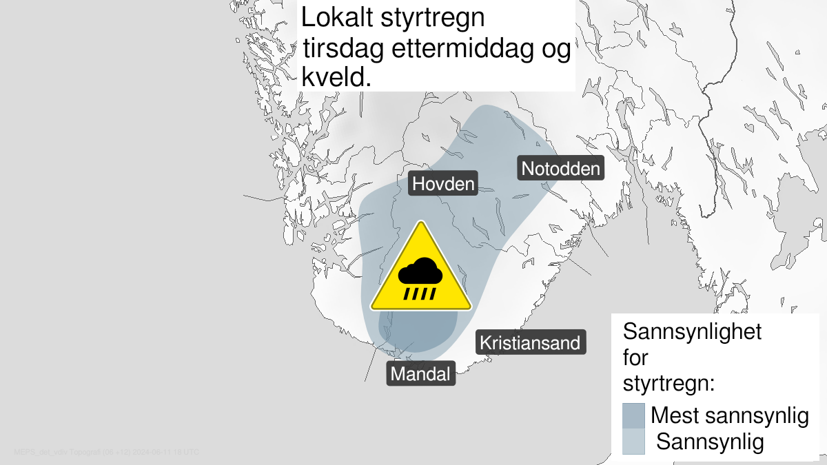 Kart over Styrtregn pågår, gult nivå, Agder og deler av Telemark og Rogaland, 2024-06-11T12:00:00+00:00, 2024-06-11T19:00:00+00:00