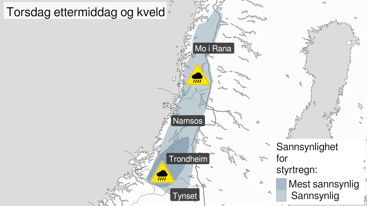 Kart over Styrtregn, gult nivå, Deler av Nordland, Trøndelag og Innlandet, 2023-07-27T13:00:00+00:00, 2023-07-27T19:00:00+00:00