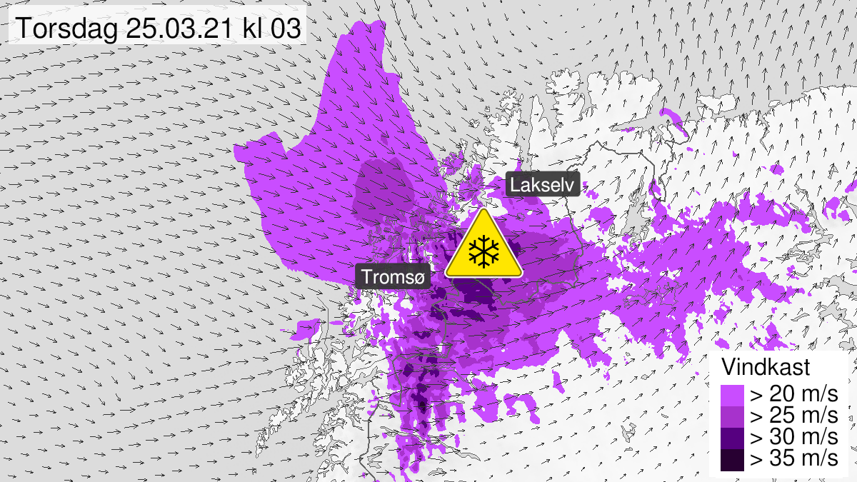 Map of blowing snow, yellow level, Nord-Troms and Vest-Finnmark med Vidda, 24 March 15:00 UTC to 25 March 06:00 UTC.