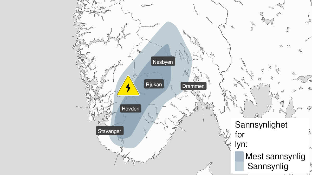 Kart over Mye lyn, gult nivå, Deler av Østlandet, Agder og Vestlandet, 2023-08-02T14:00:00+00:00, 2023-08-02T19:00:00+00:00