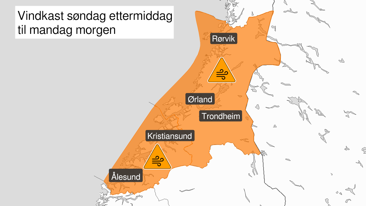 Kart over svært kraftige vindkast, oransje nivå, Møre og Romsdal og Trøndelag, 16 January 15:00 UTC til 17 January 06:00 UTC.