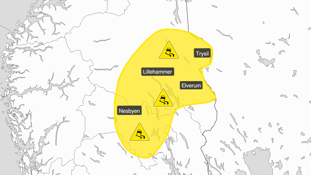 Kart over is, gult nivå, Buskerud, Oppland og Hedmark, 18 December 11:00 UTC til 18 December 23:00 UTC.