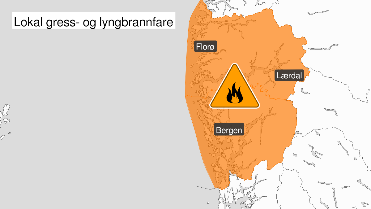 Kart over stor skogbrannfare, oransje nivå, Vestland fylke, 27 April 09:00 UTC til 02 May 06:00 UTC.